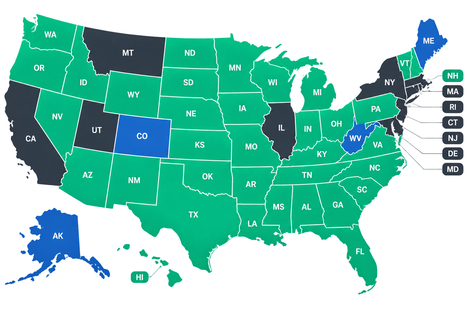 US map showing Sweepstakes casino market availability by state
